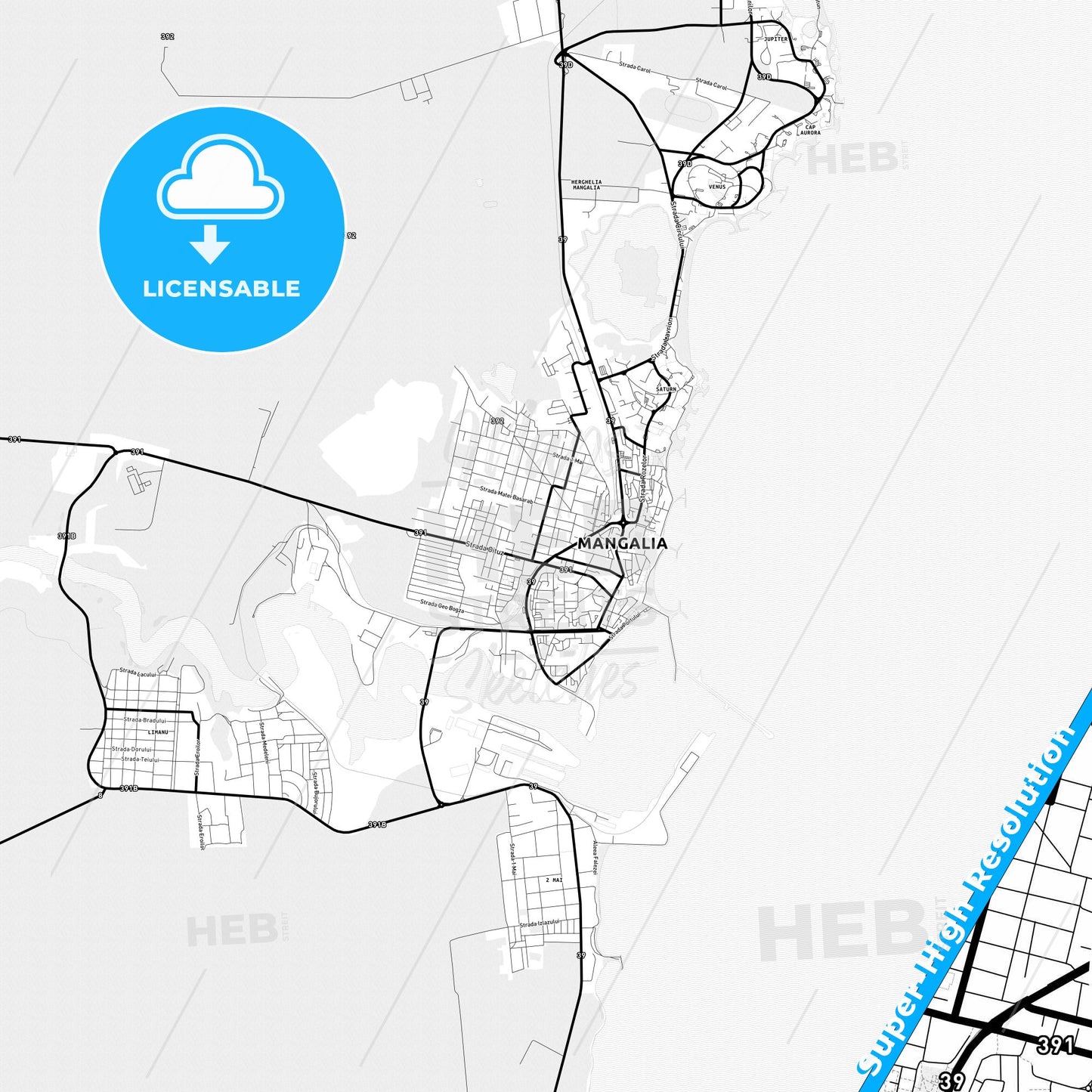 Mangalia, Romania Light Map with Street Names, City Names, and Districts