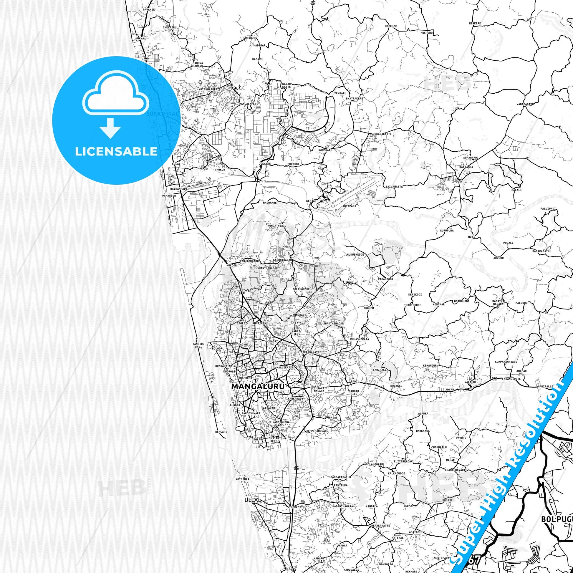Mangalore, India light map with streetnames, citynames and districts