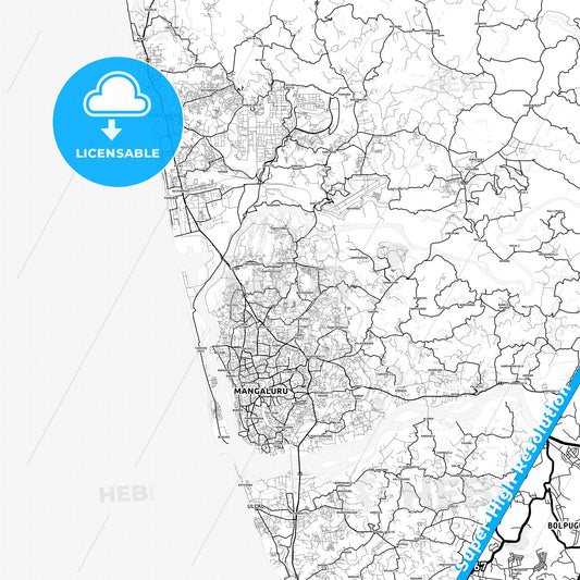 Mangalore, India light map with streetnames, citynames and districts
