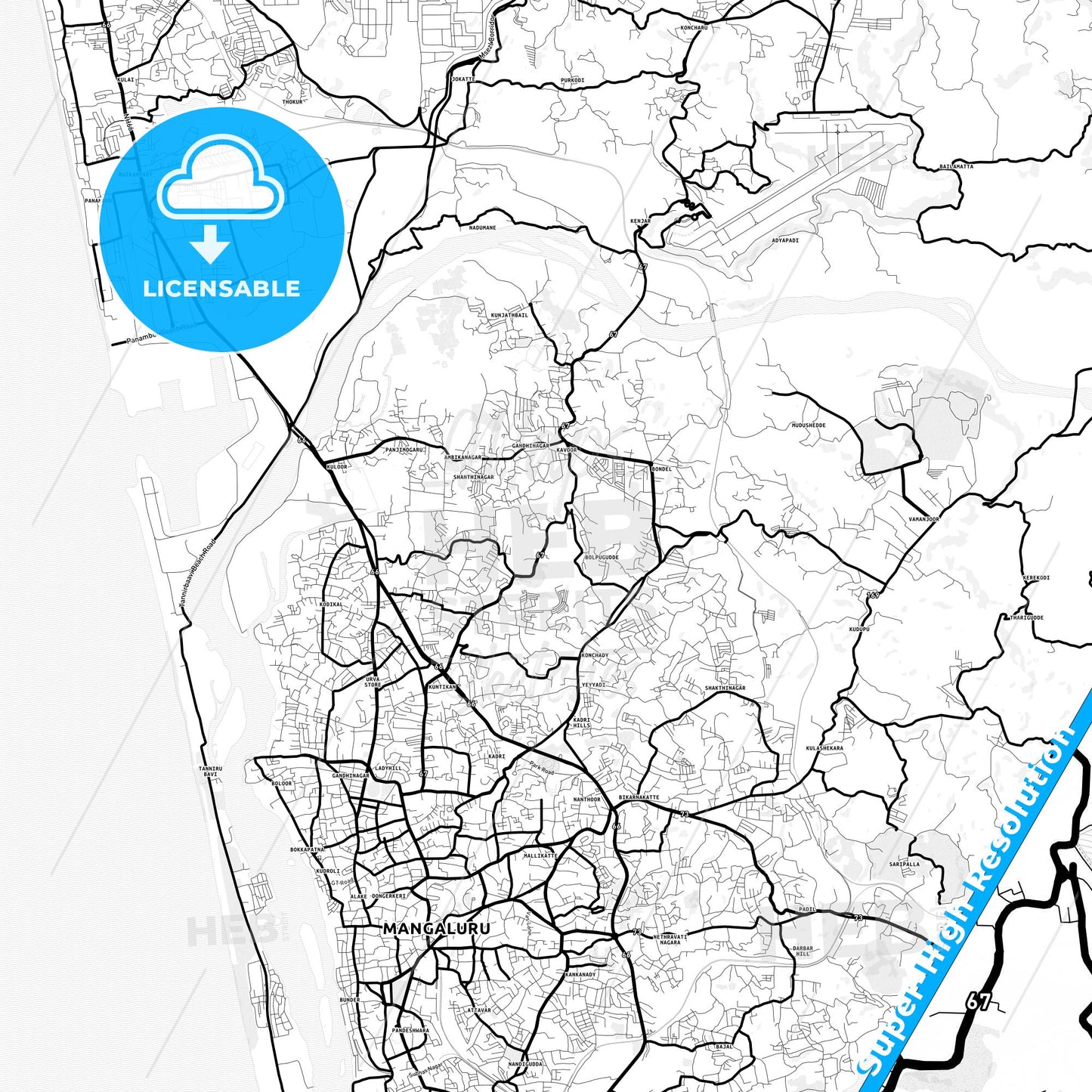 Mangalore, India Light Map with Street Names, City Names, and Districts