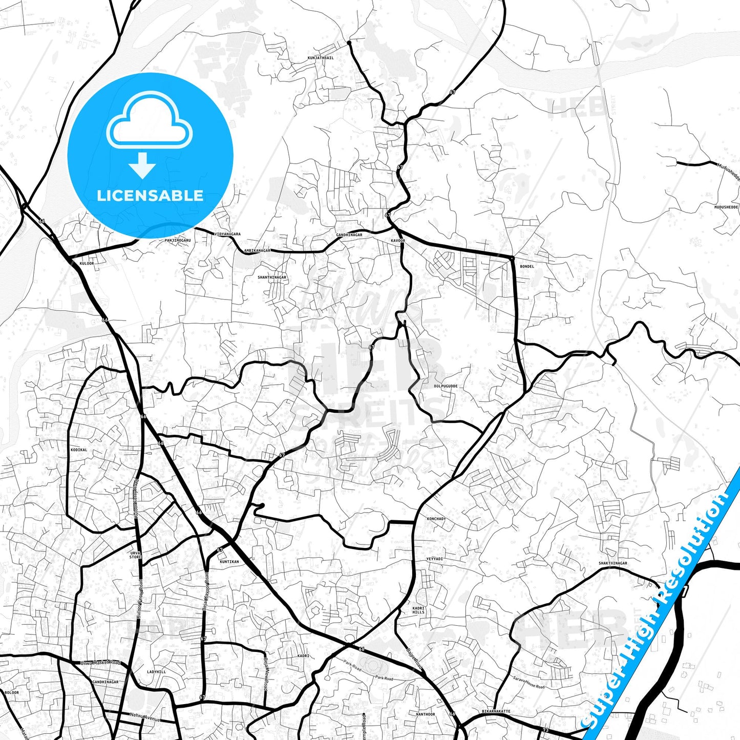 Mangalore, India Light Map with Street Names, City Names, and Districts