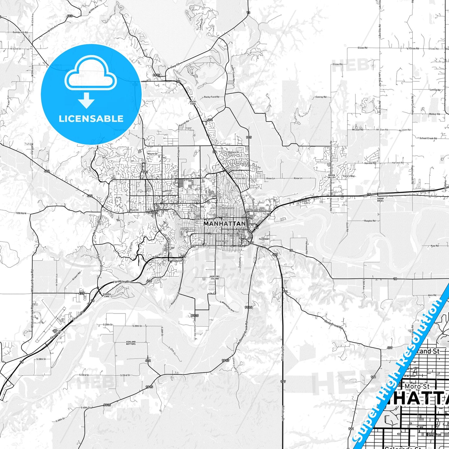 Manhattan, Kansas light map with streetnames, citynames and districts