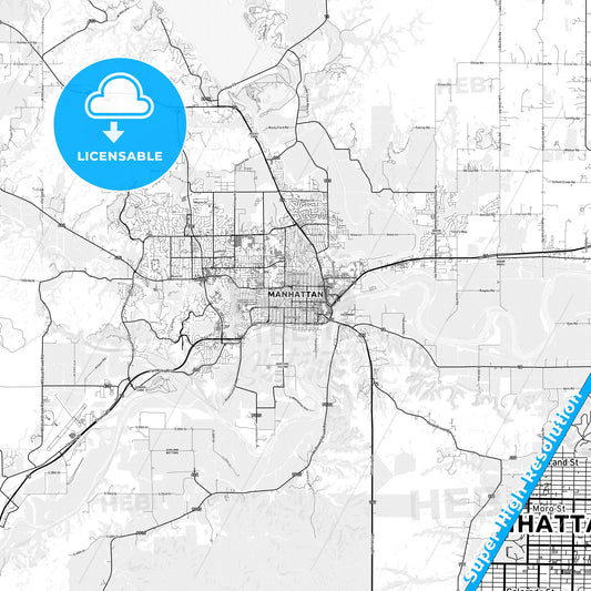 Manhattan, Kansas light map with streetnames, citynames and districts