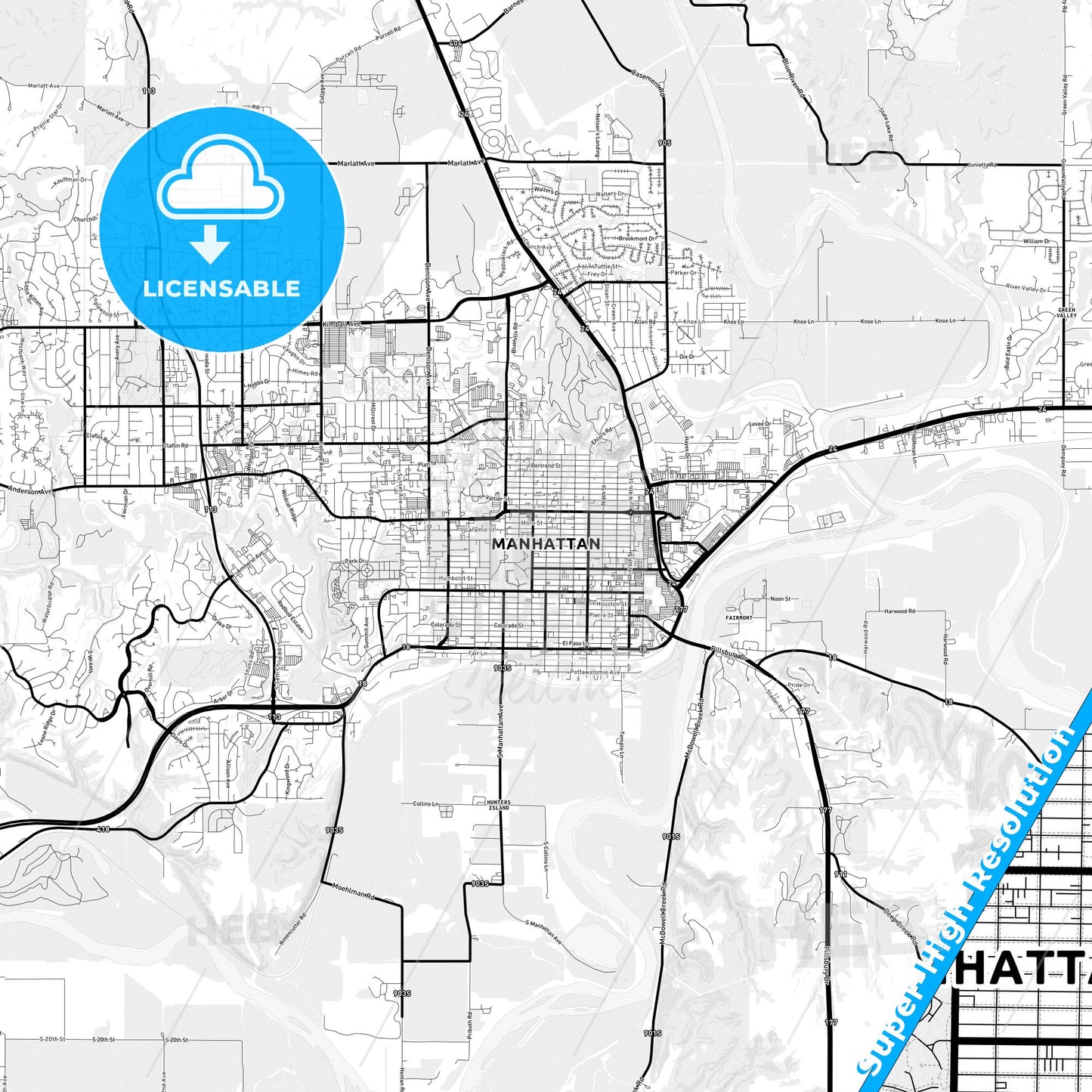Manhattan, Kansas Light Map with Street Names, City Names, and Districts