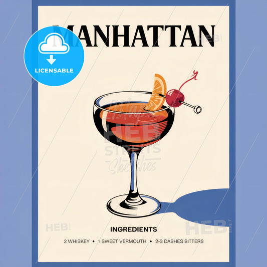 Manhattan Cocktail Recipe Poster: Elegant Minimalist Design for Home Bar Decor