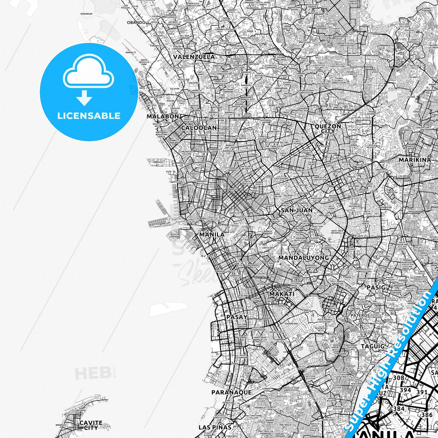 Manila, Philippines light map with streetnames, citynames and districts