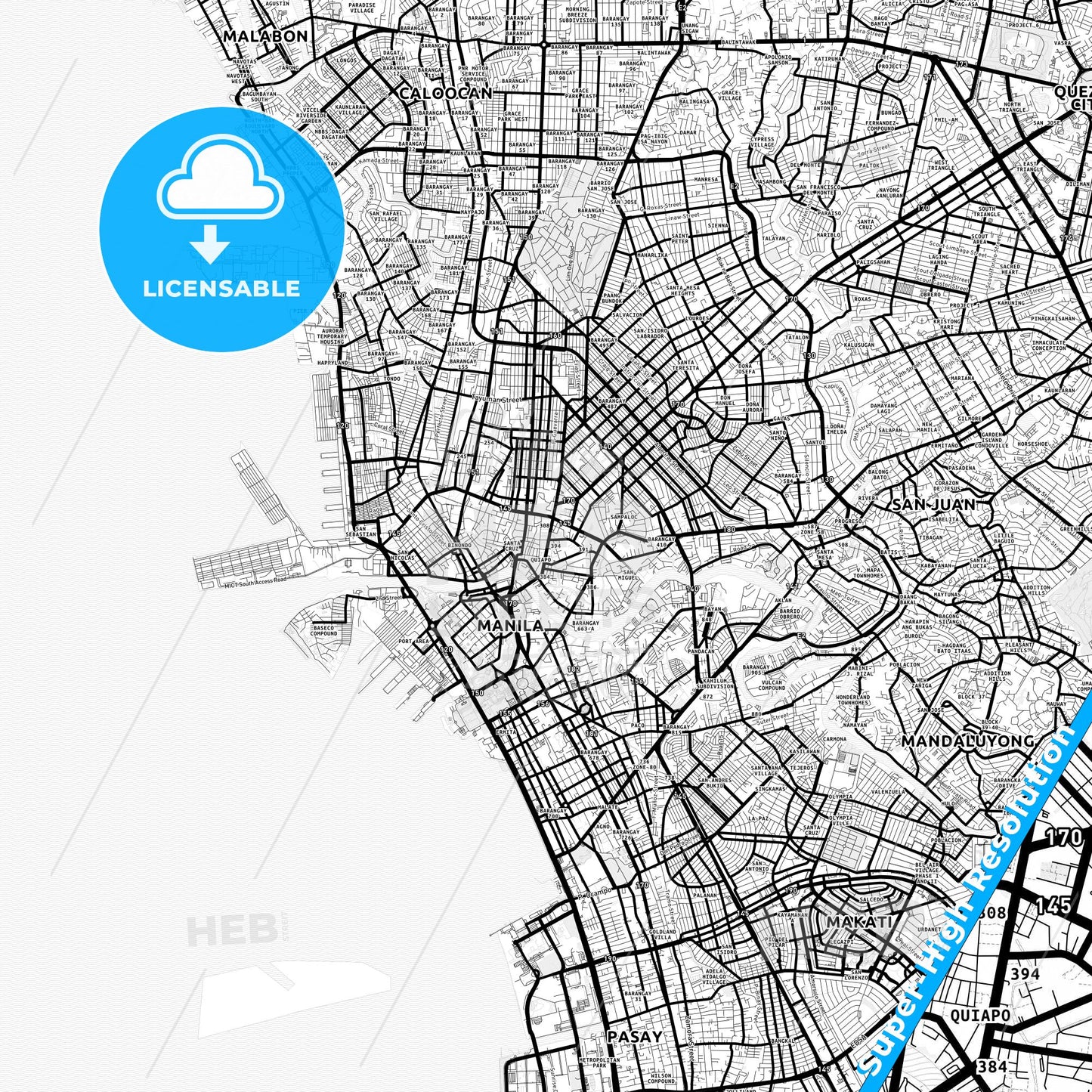 Manila, Philippines Light Map with Street Names, City Names, and Districts