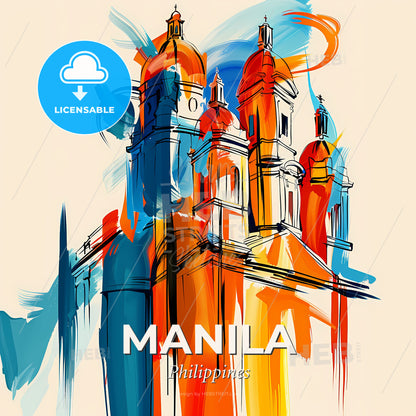 Vibrant Manila, Philippines - A Colorful Painting Of A Building - Square format print template