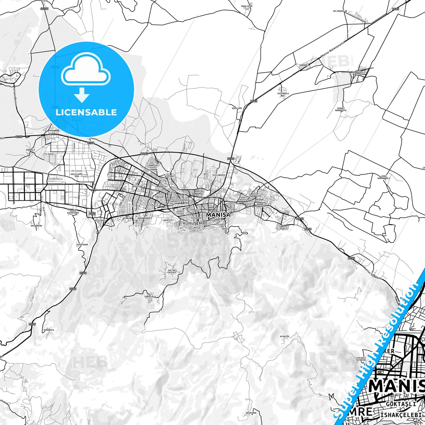 Manisa, Turkey light map with streetnames, citynames and districts