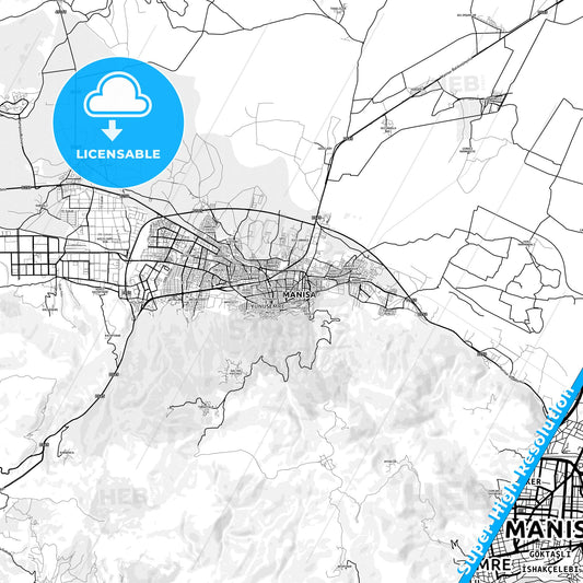 Manisa, Turkey light map with streetnames, citynames and districts