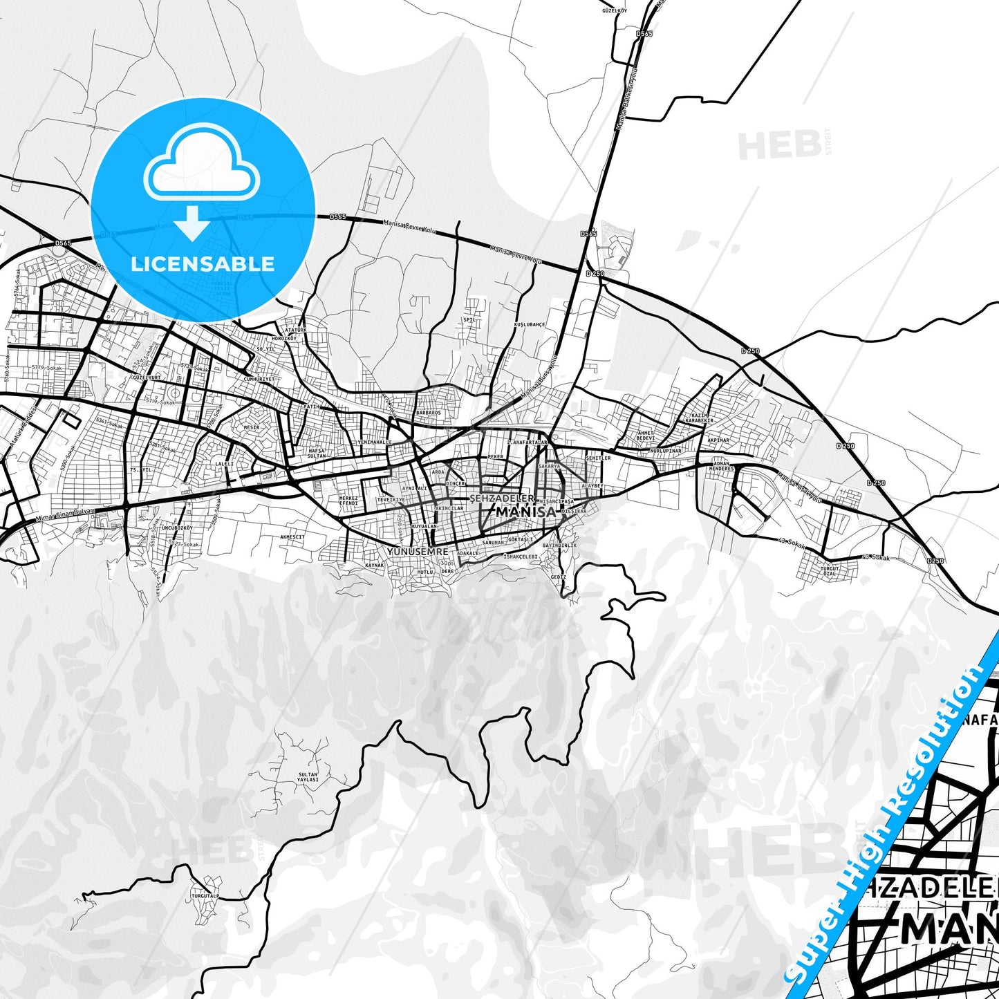 Manisa, Turkey Light Map with Street Names, City Names, and Districts