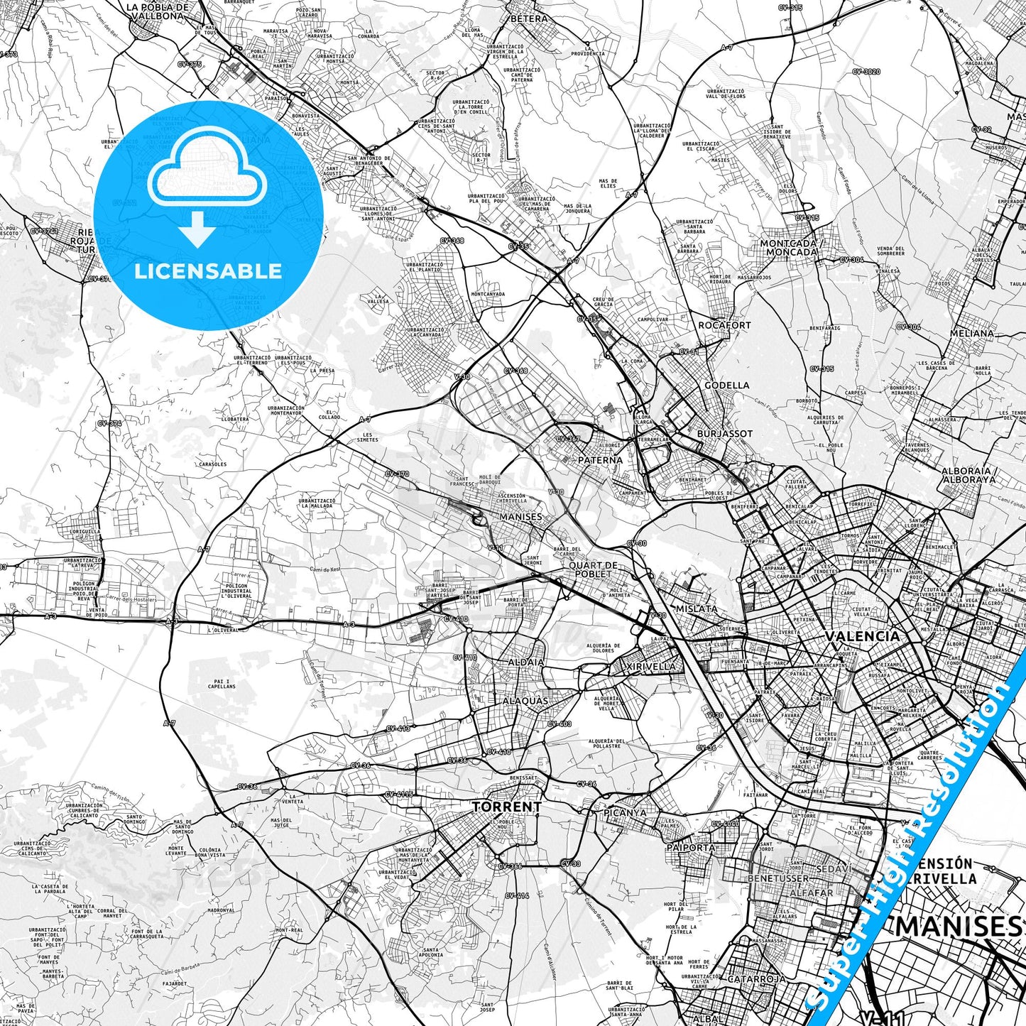 Manises, Spain light map with streetnames, citynames and districts
