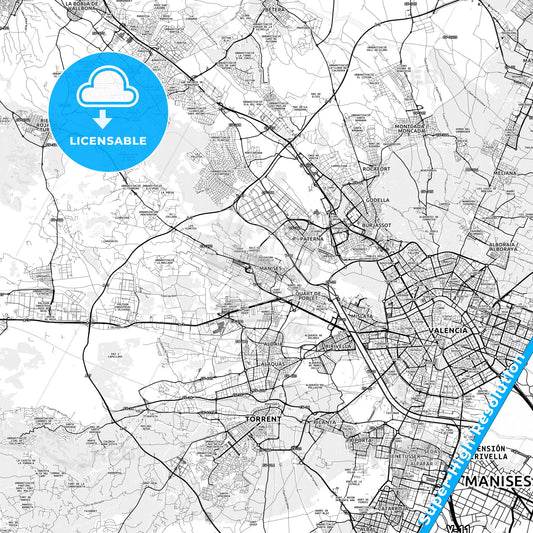 Manises, Spain light map with streetnames, citynames and districts