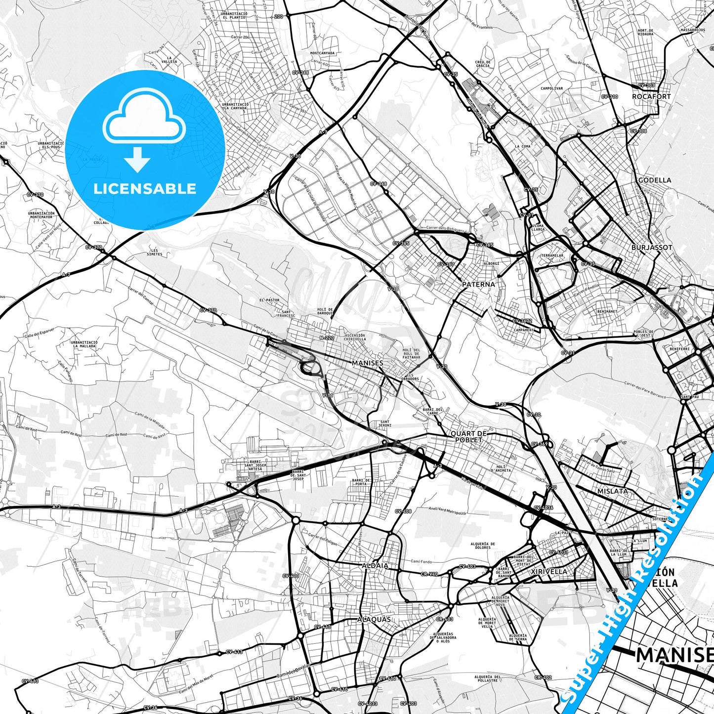 Manises, Spain Light Map with Street Names, City Names, and Districts