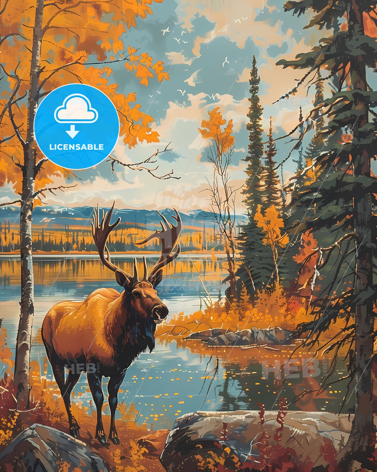 Stunning Artistic Moose Painting - Vibrant Lake Front, Manitoba, Canada