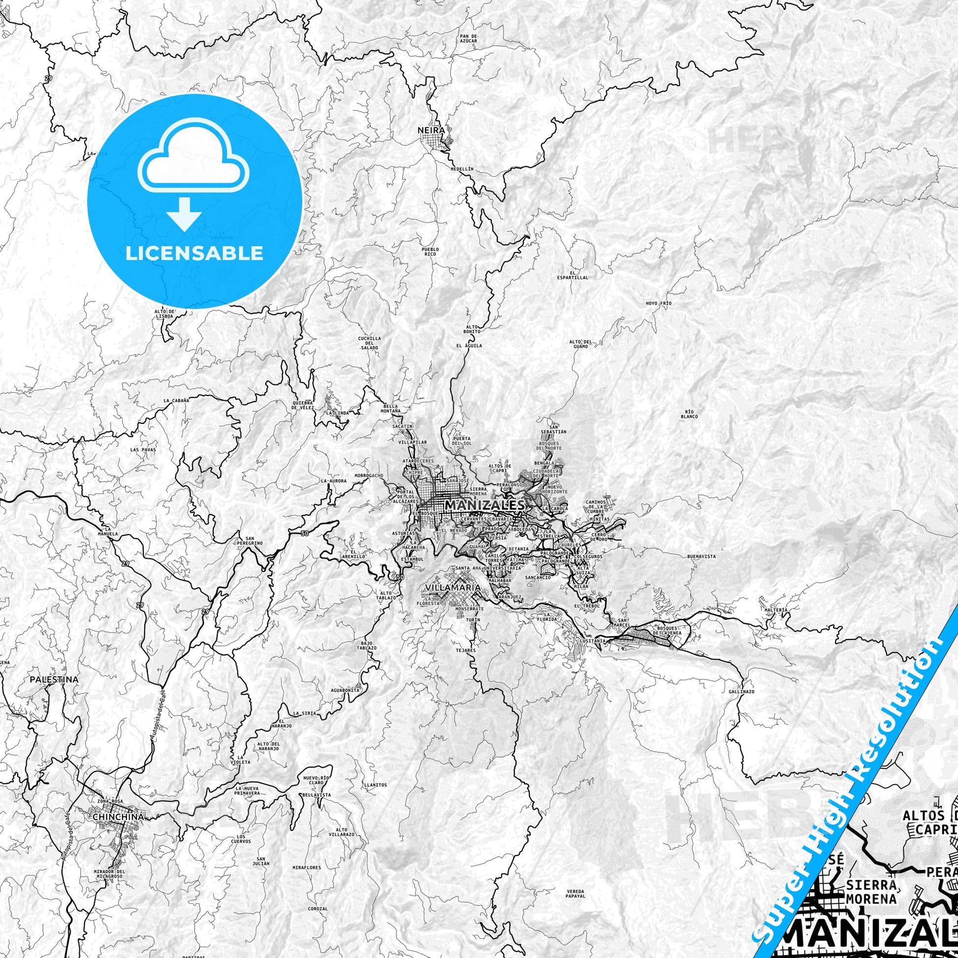 Manizales, Colombia light map with streetnames, citynames and districts