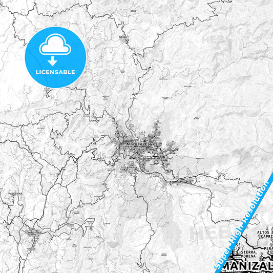 Manizales, Colombia light map with streetnames, citynames and districts