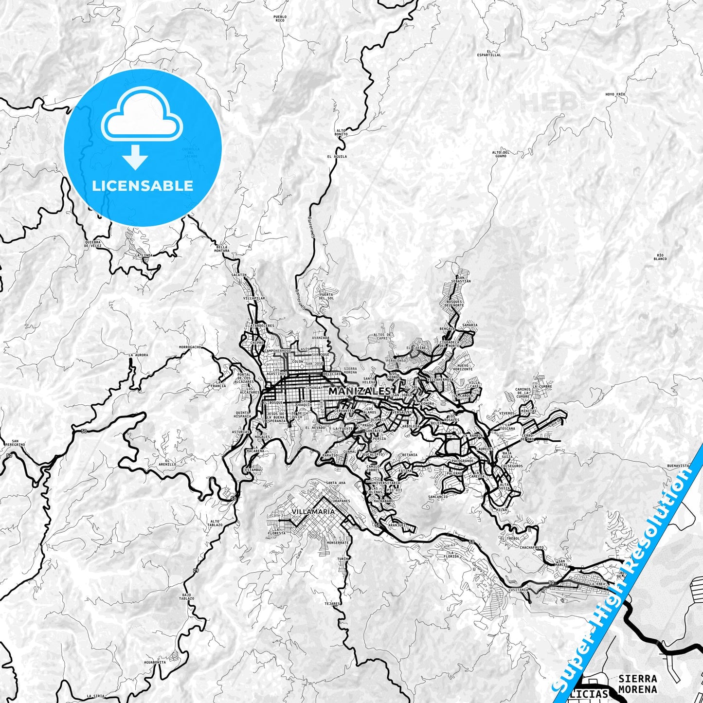 Manizales, Colombia Light Map with Street Names, City Names, and Districts
