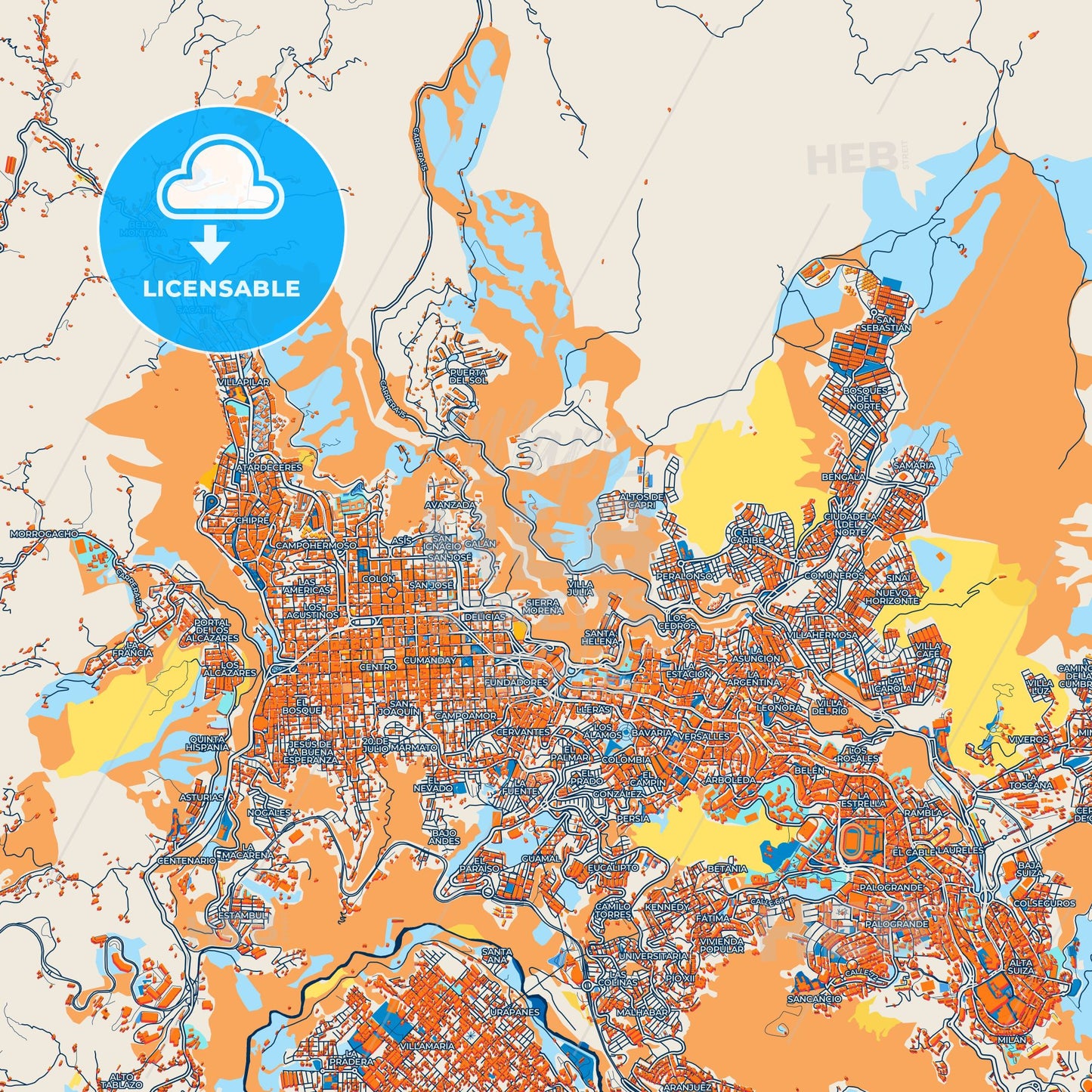 Colorful Manizales Street Map with Labels and Buildings