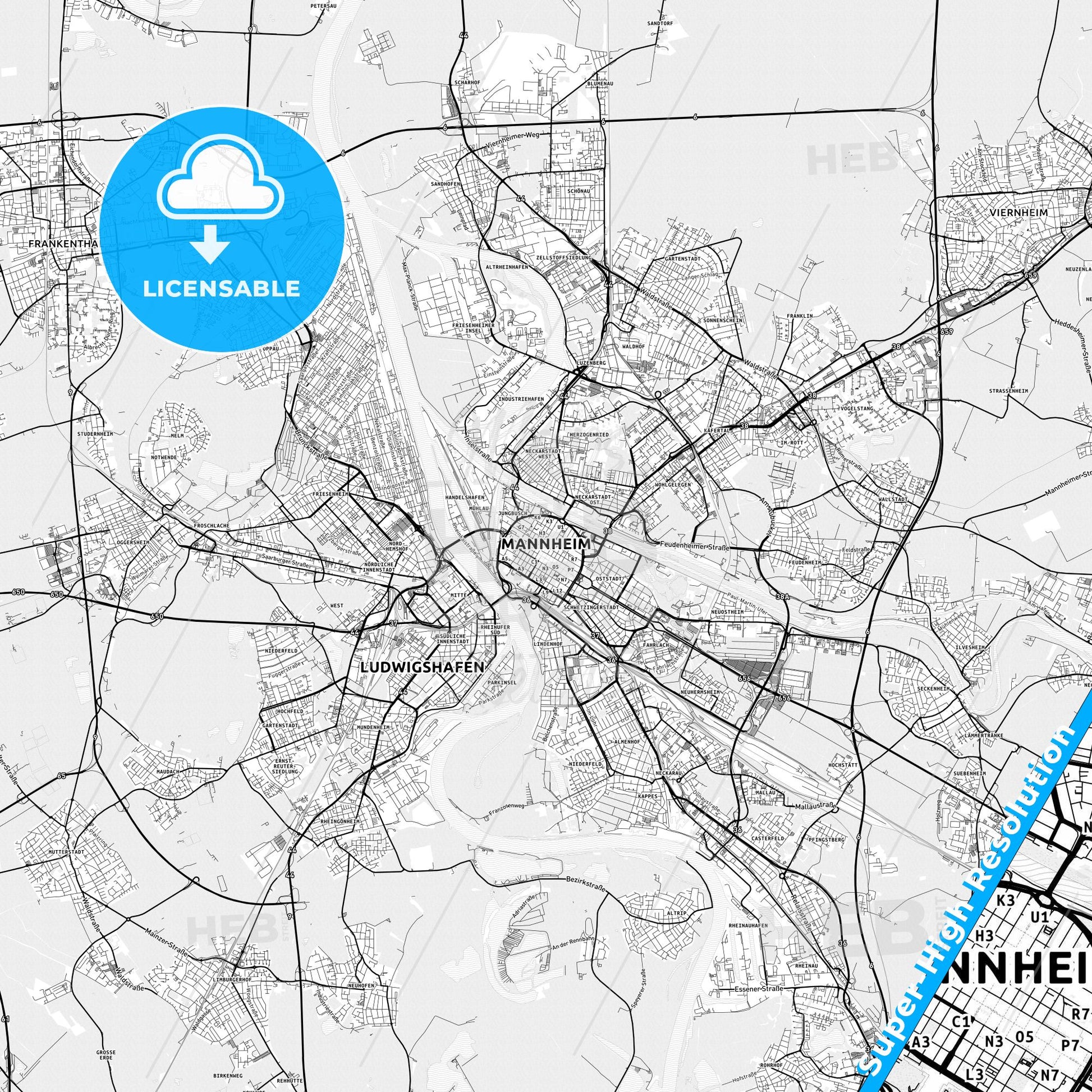 Mannheim, Germany light map with streetnames, citynames and districts