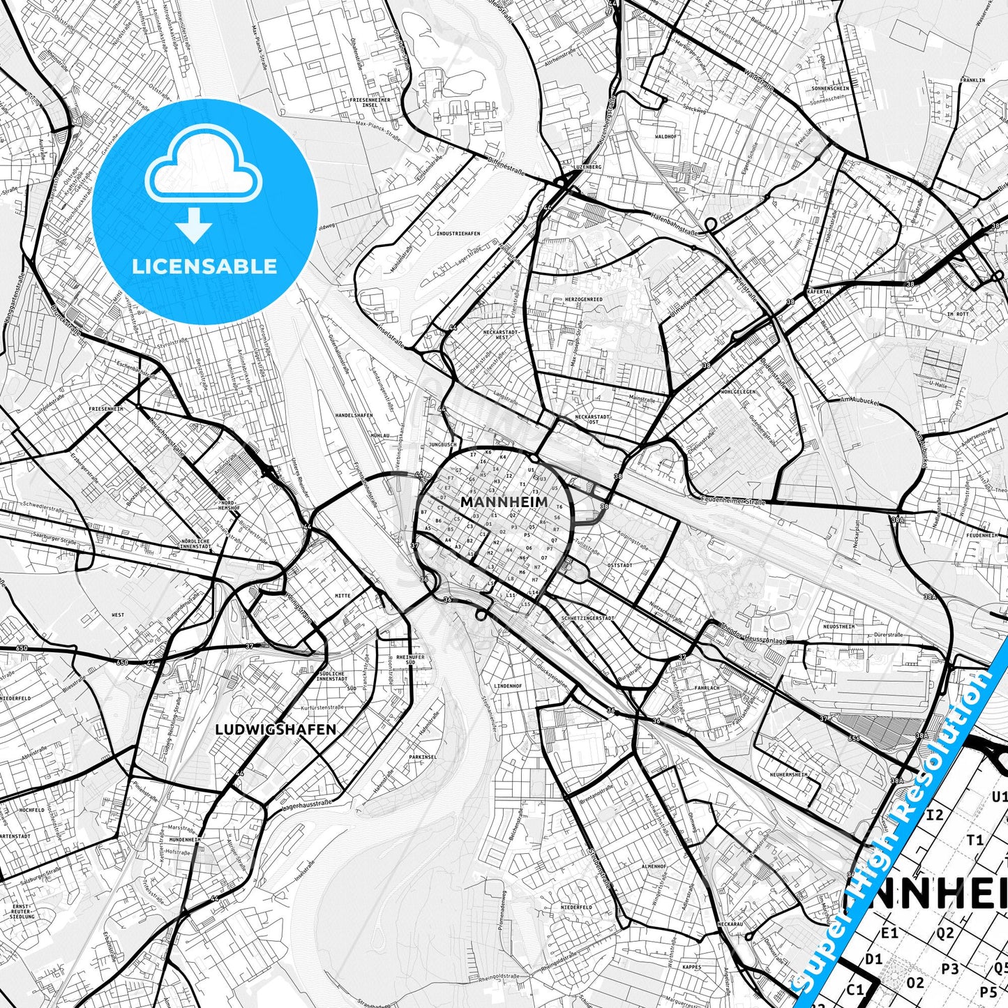 Mannheim, Germany Light Map with Street Names, City Names, and Districts