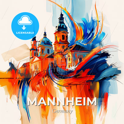 Vibrant Mannheim, Germany - A Painting Of A Skyline With A Colorful Building - Square format print template