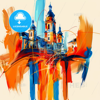 Vibrant Mannheim, Germany - A Painting Of A Building With Towers And A Tower