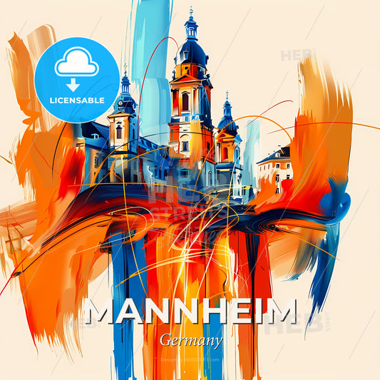 Vibrant Mannheim, Germany - A Painting Of A Building With Towers And A Tower - Square format print template