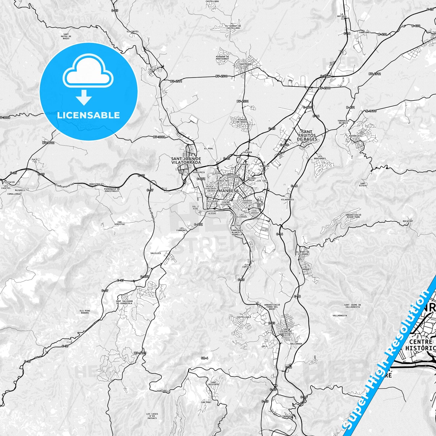 Manresa, Spain light map with streetnames, citynames and districts