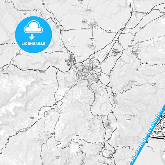 Manresa, Spain light map with streetnames, citynames and districts