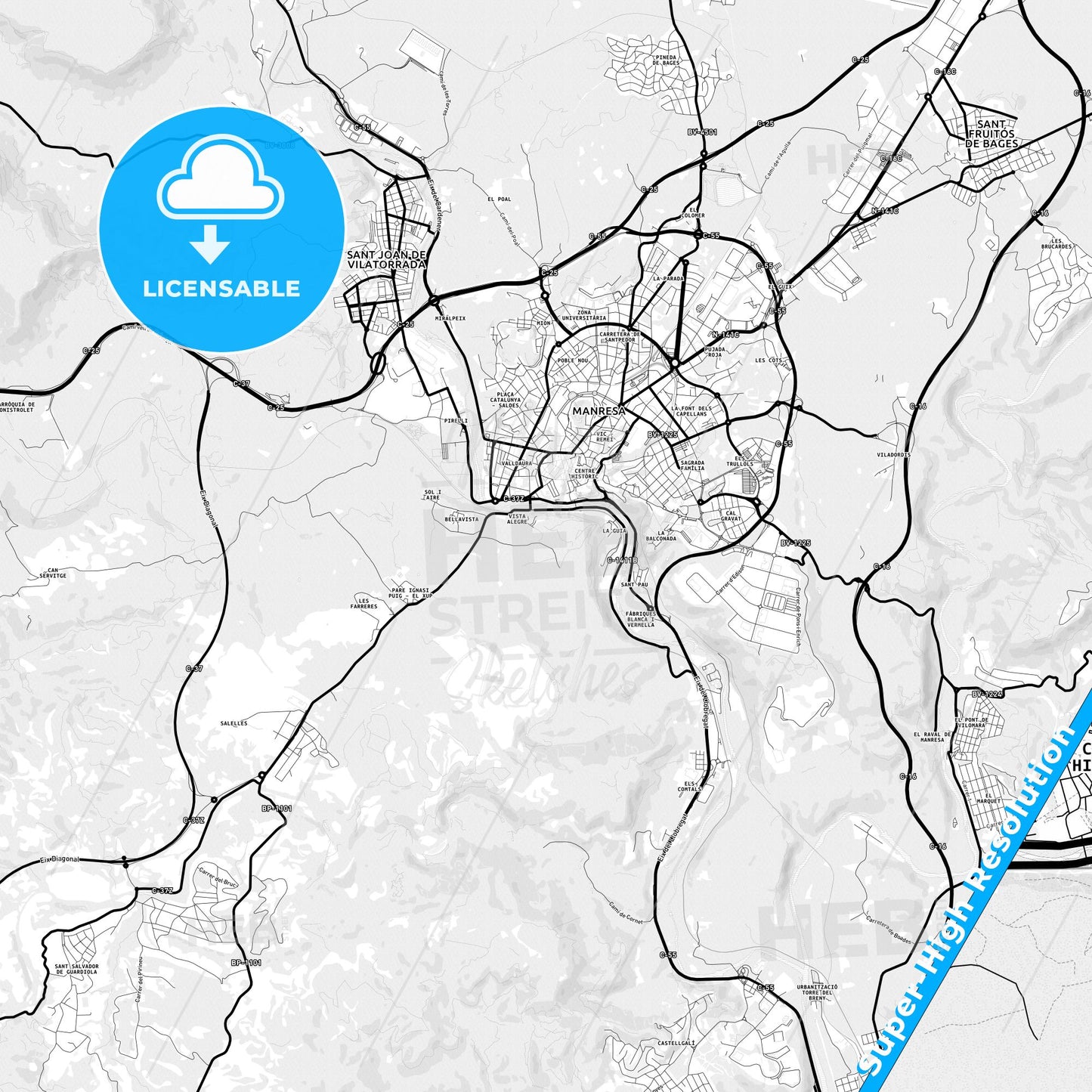 Manresa, Spain Light Map with Street Names, City Names, and Districts