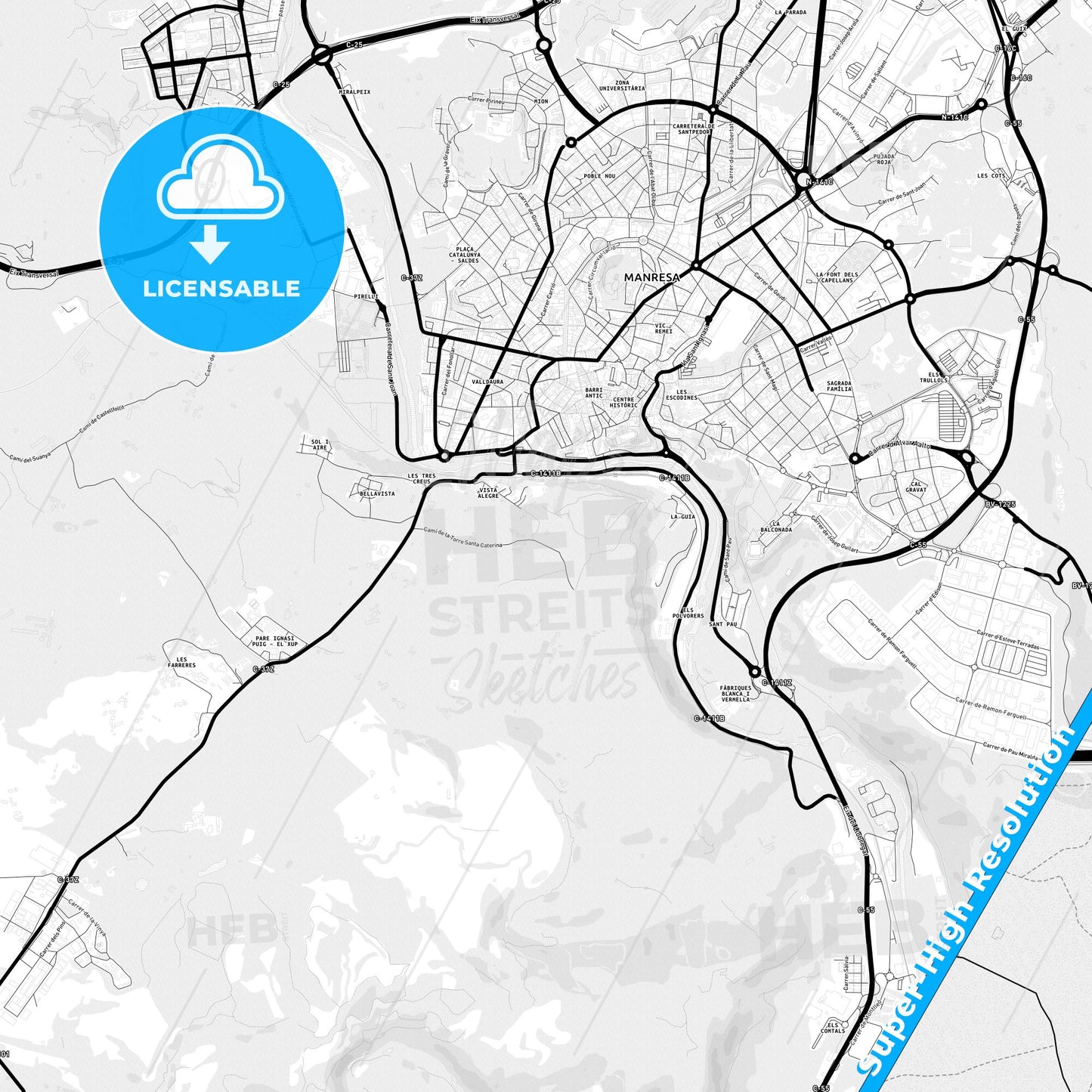Manresa, Spain Light Map with Street Names, City Names, and Districts
