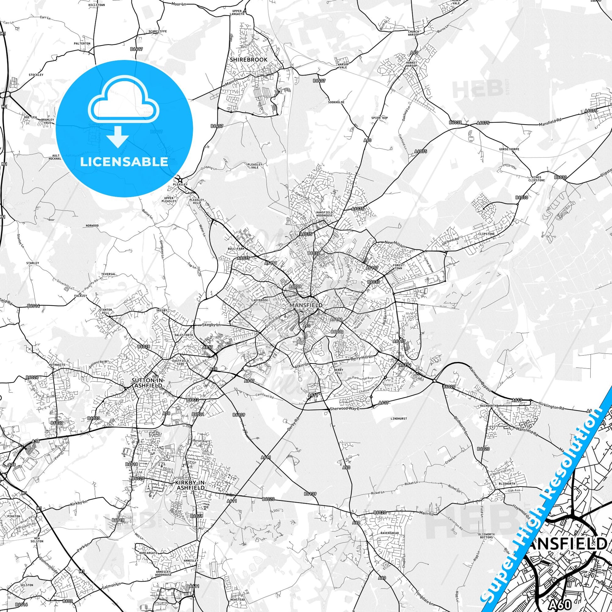 Mansfield, England light map with streetnames, citynames and districts