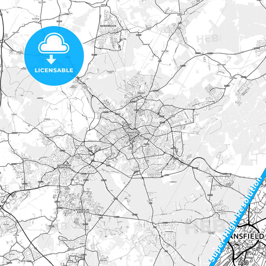 Mansfield, England light map with streetnames, citynames and districts