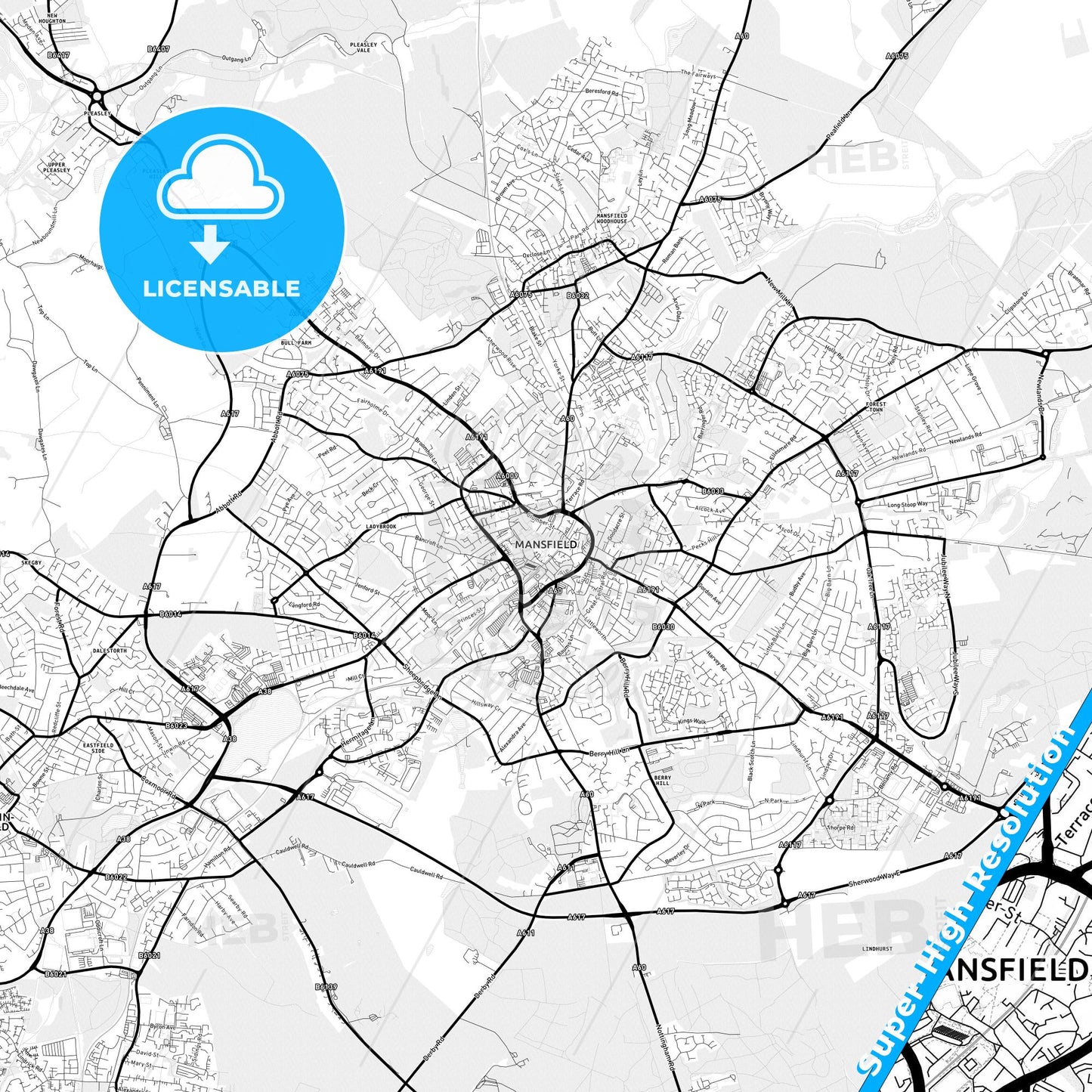 Mansfield, England Light Map with Street Names, City Names, and Districts