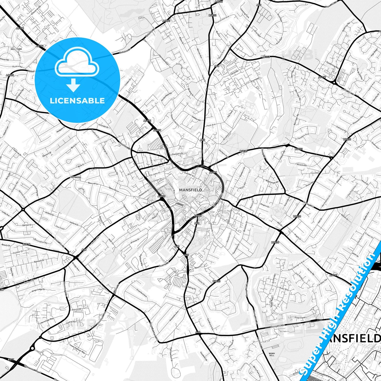 Mansfield, England Light Map with Street Names, City Names, and Districts