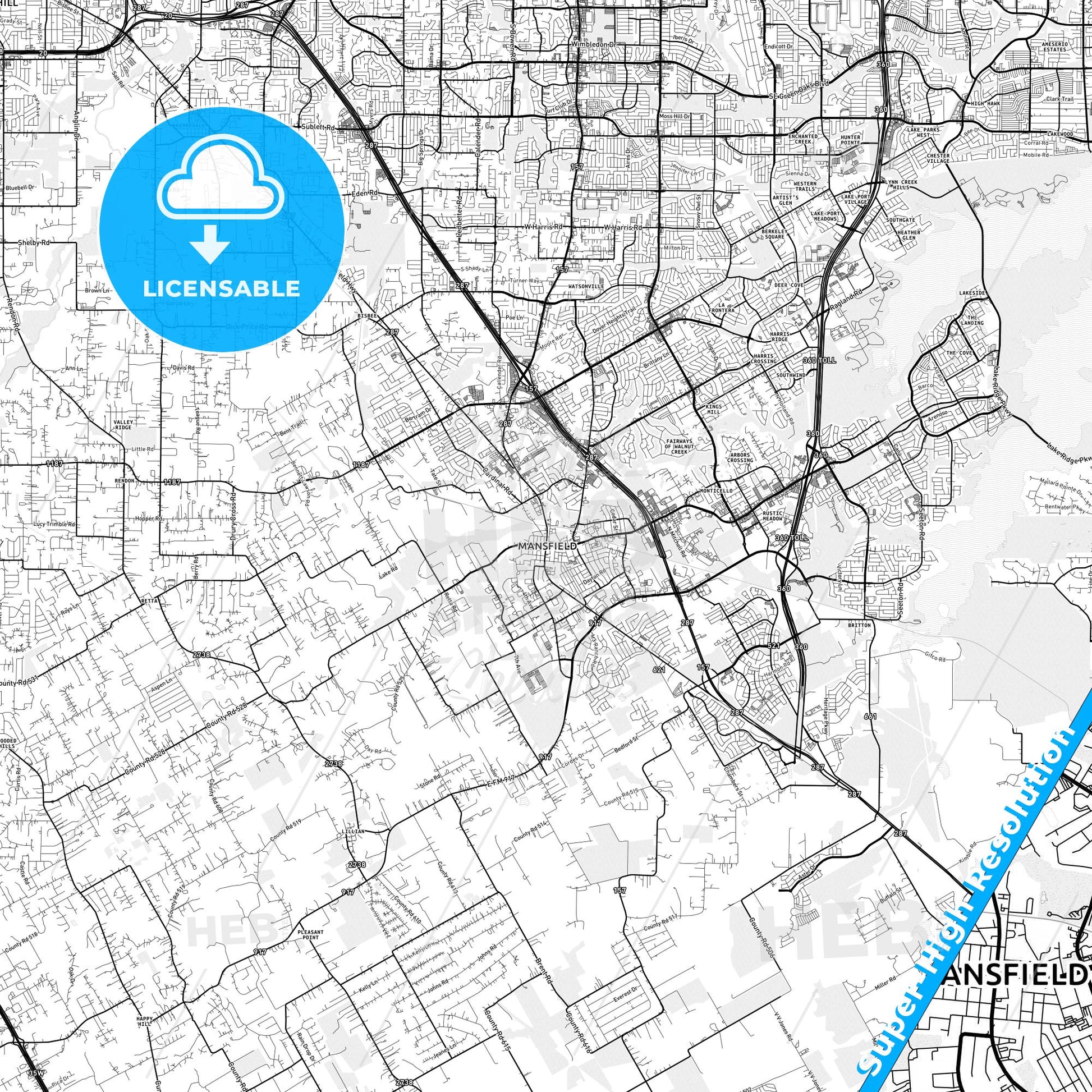 Mansfield, Texas light map with streetnames, citynames and districts