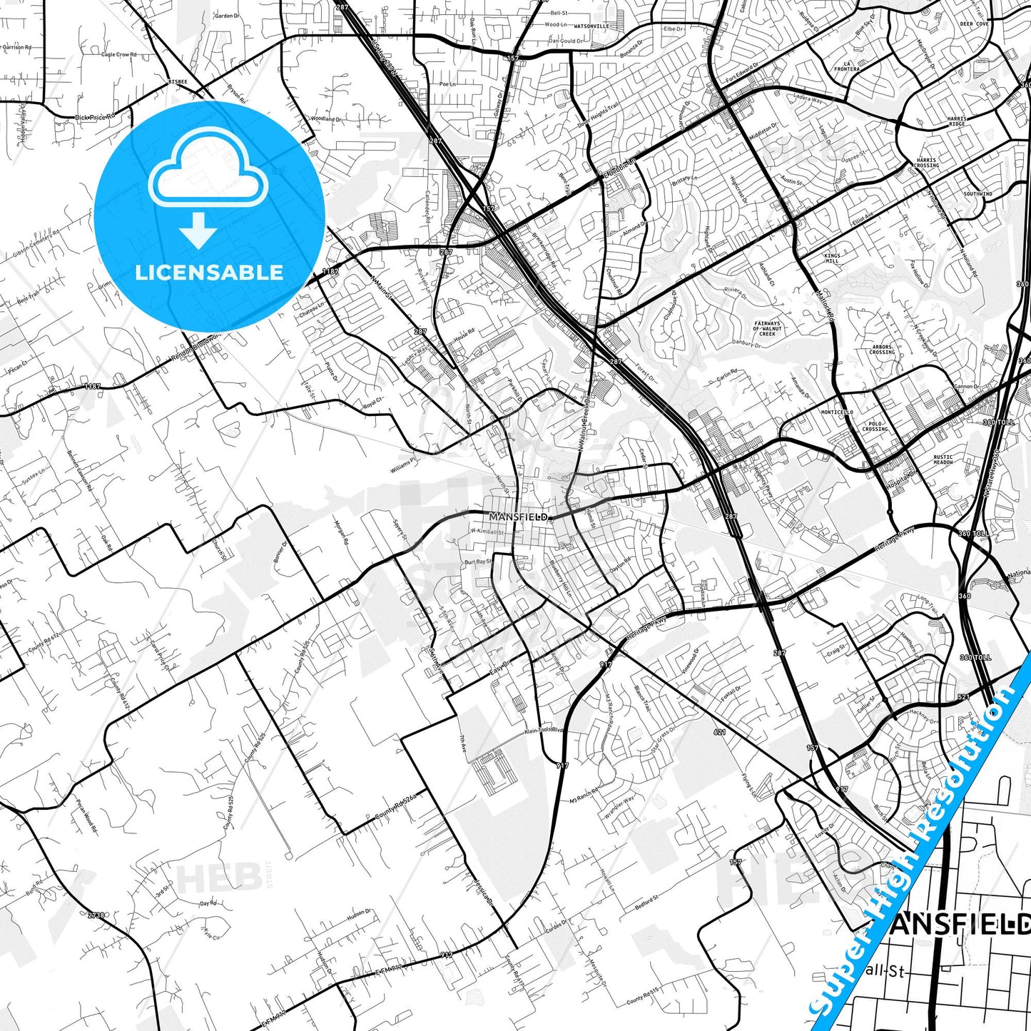 Mansfield, Texas Light Map with Street Names, City Names, and Districts