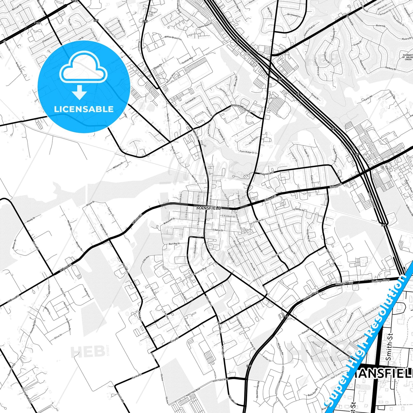 Mansfield, Texas Light Map with Street Names, City Names, and Districts