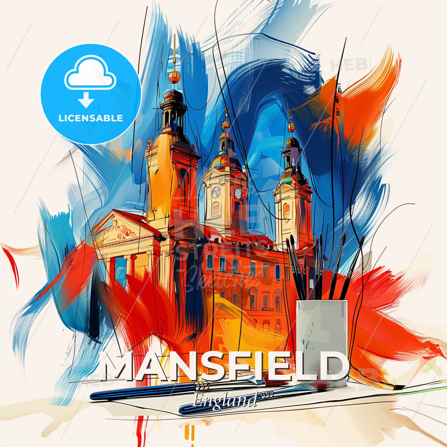 Vibrant Mansfield, England - A Painting Of A Building With A Pencil Case And Brushes - Square format print template