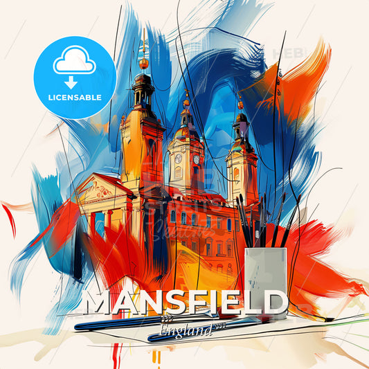 Vibrant Mansfield, England - A Painting Of A Building With A Pencil Case And Brushes - Square format print template