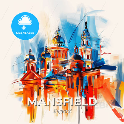 Vibrant Mansfield, England - A Painting Of A Building With A Colorful Background - Square format print template