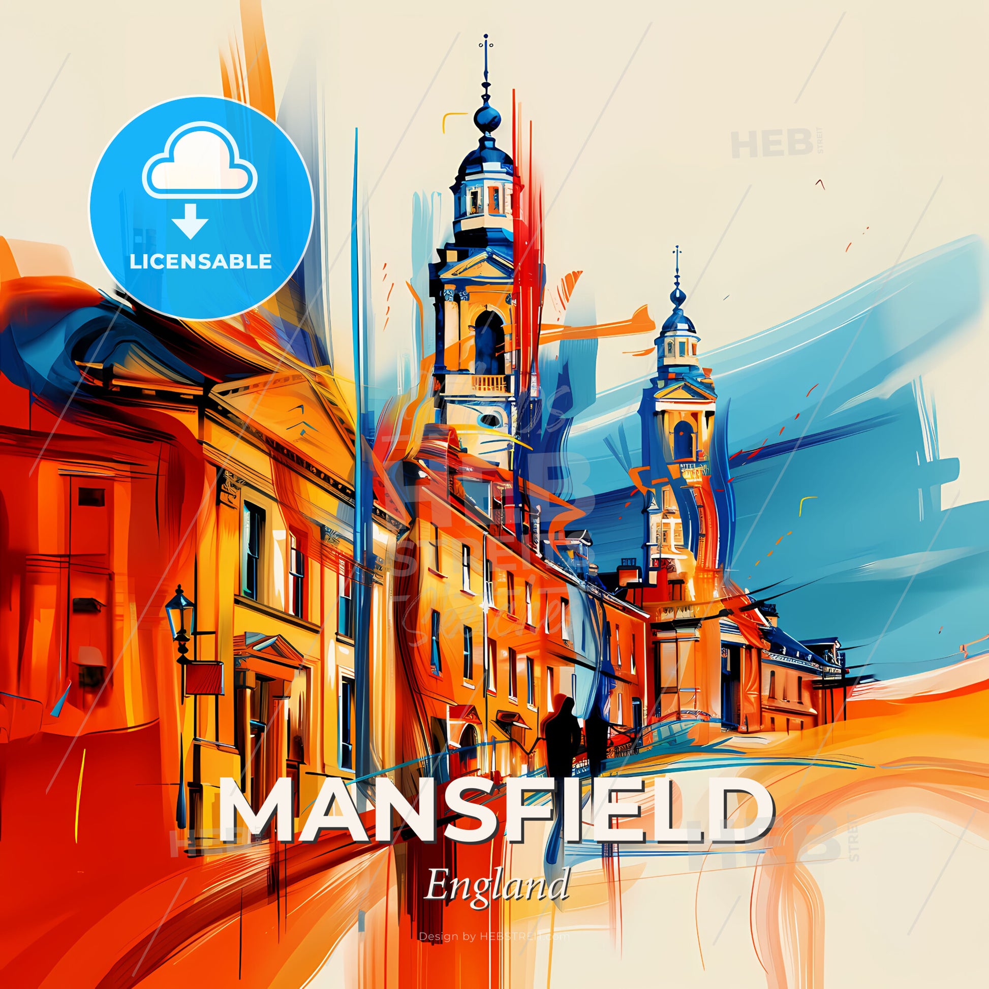 Vibrant Mansfield, England - A Painting Of A Street With Buildings And A Tower - Square format print template