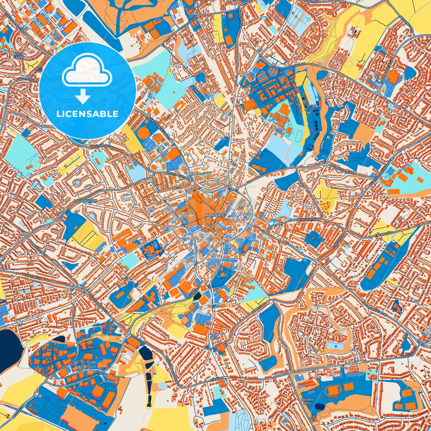 Colorful Mansfield Street Map with Labels and Buildings