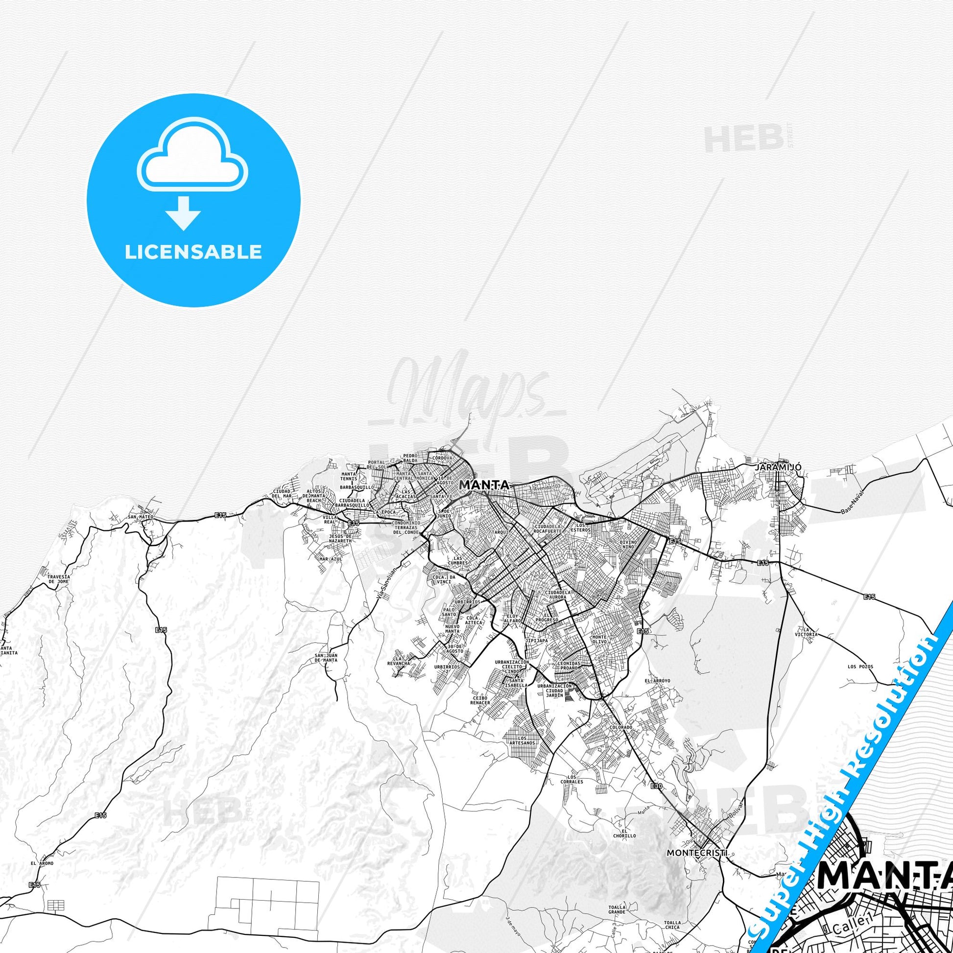 Manta, Ecuador light map with streetnames, citynames and districts
