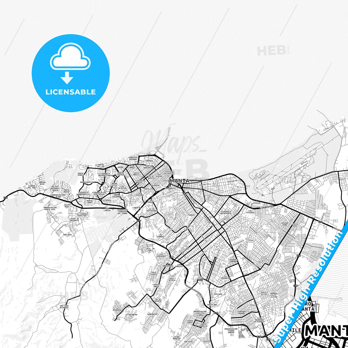 Manta, Ecuador Light Map with Street Names, City Names, and Districts