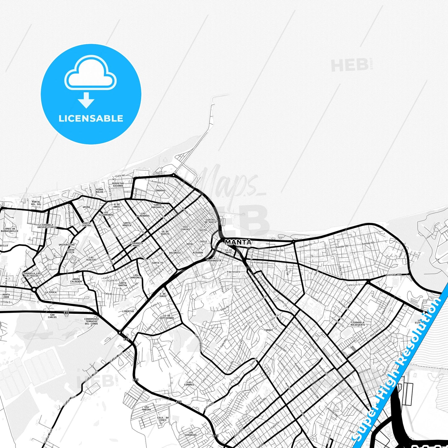 Manta, Ecuador Light Map with Street Names, City Names, and Districts