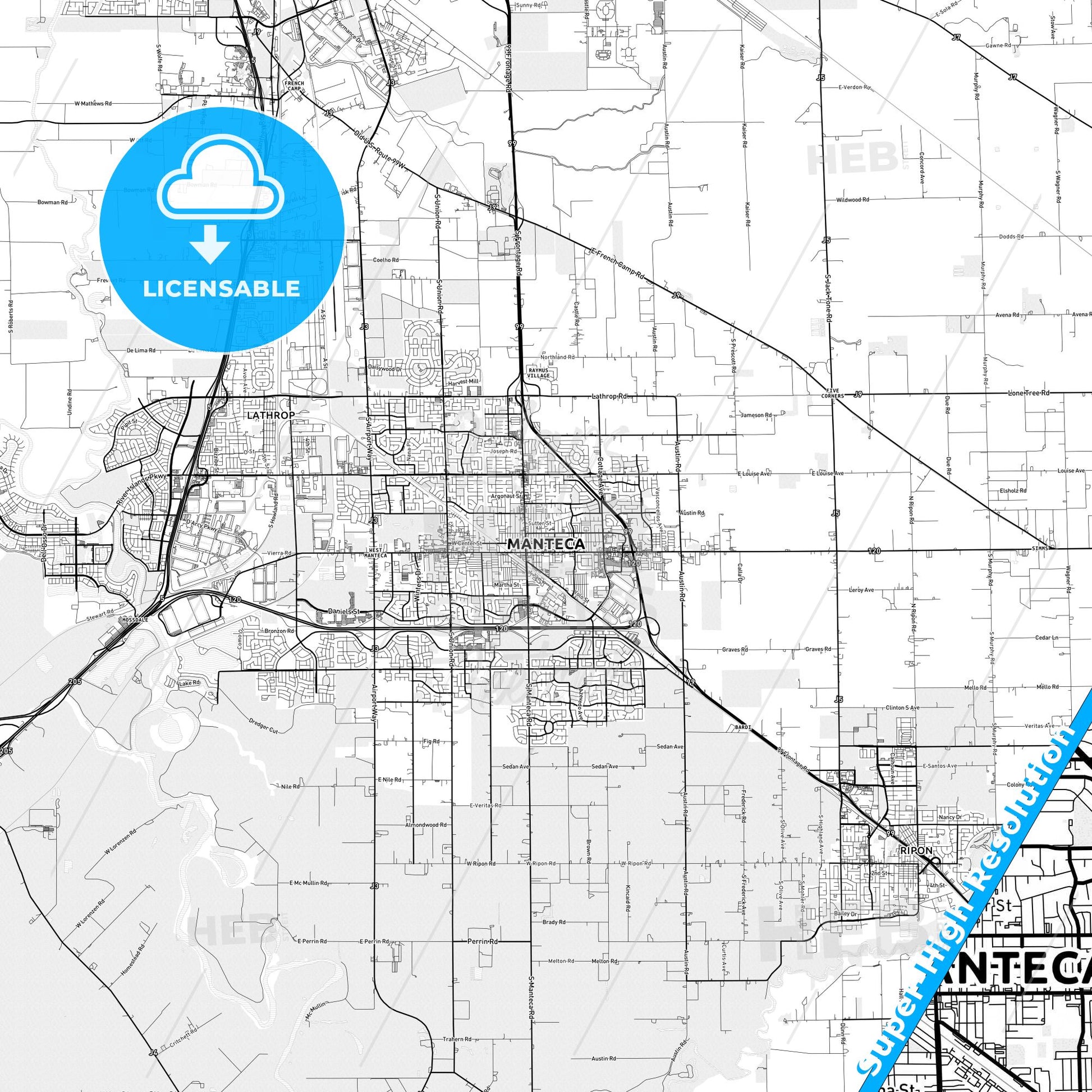 Manteca, California light map with streetnames, citynames and districts