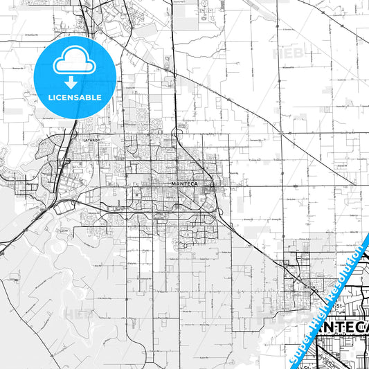 Manteca, California light map with streetnames, citynames and districts