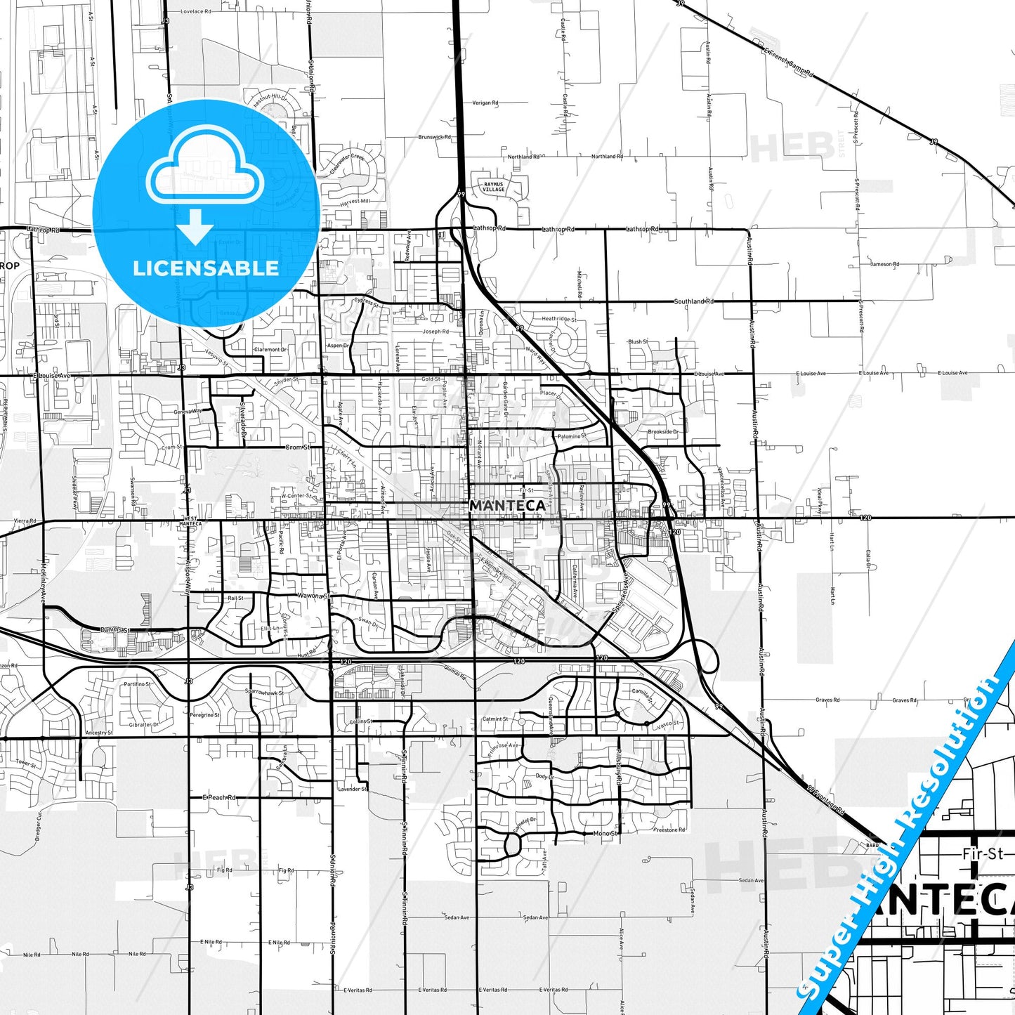 Manteca, California Light Map with Street Names, City Names, and Districts
